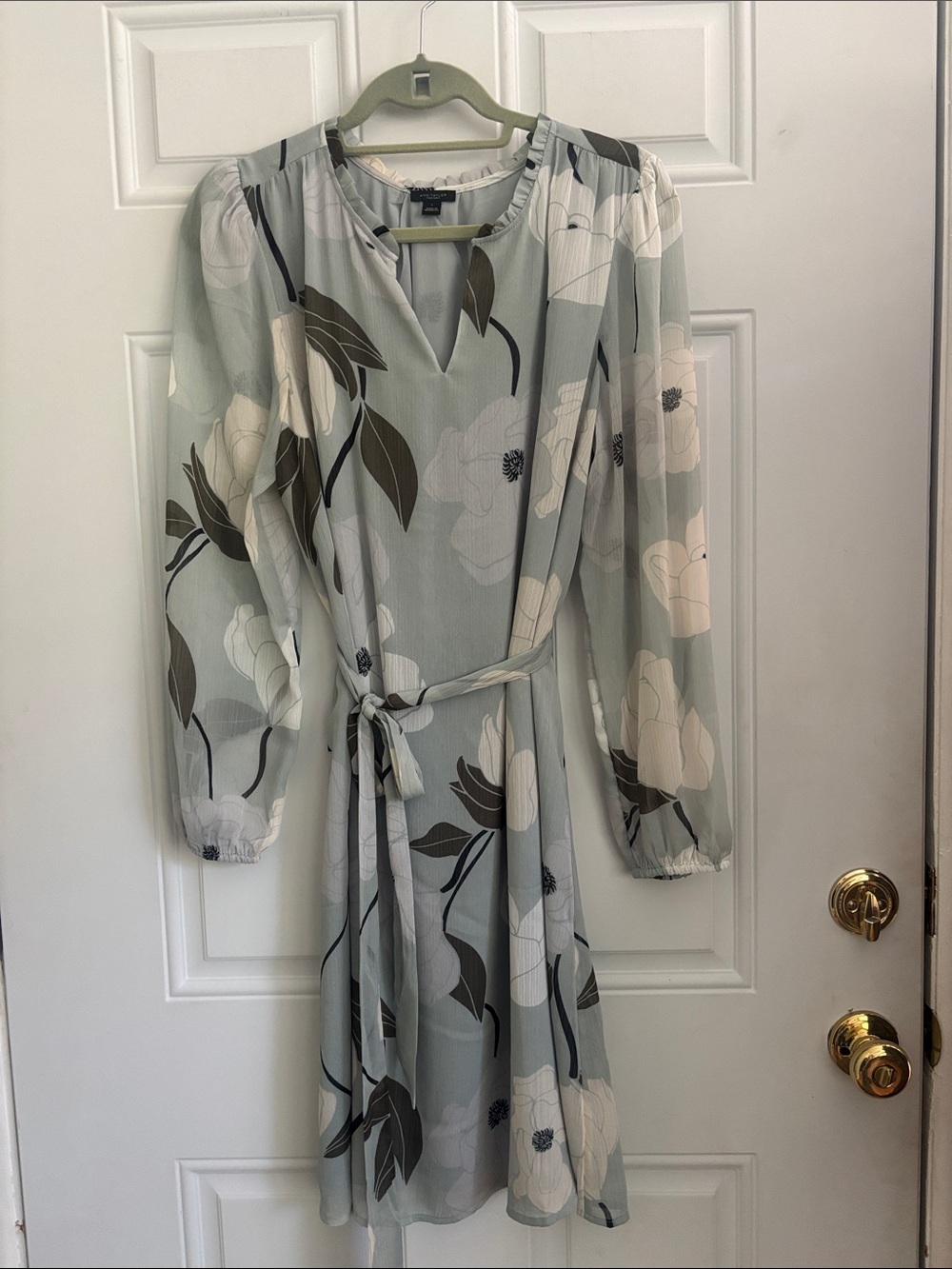 Ann Taylor Factory Sage Green Floral Tie-Waist Long Sleeve Dress, Size Large